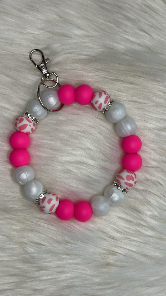 Pink/pearl white keychain wristlet