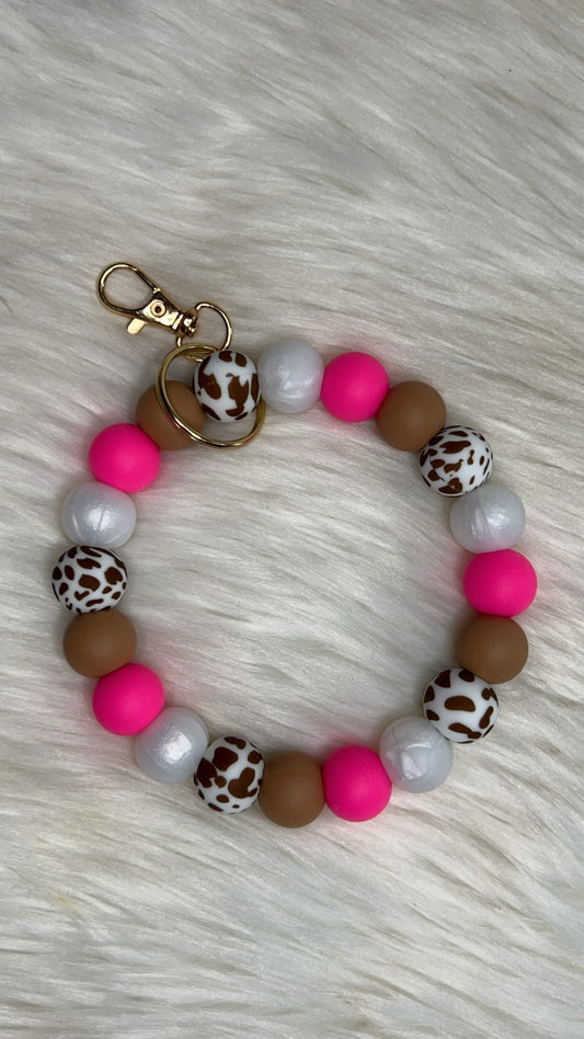 Pink/camel pearl white keychain wristlet