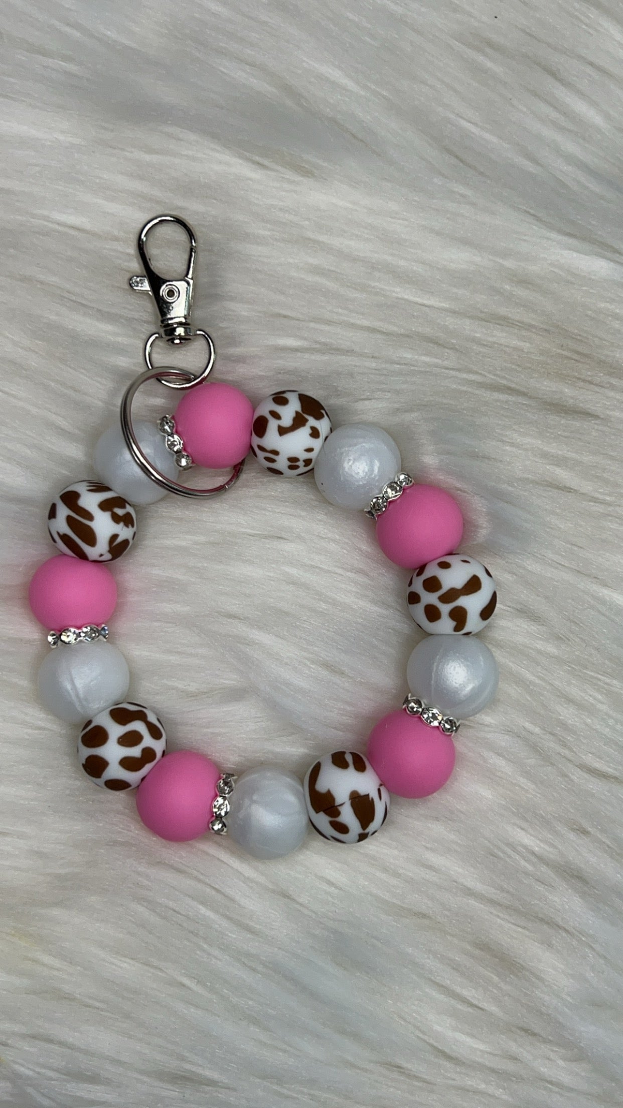 Pink/cow print/pearl white keychain wristlet